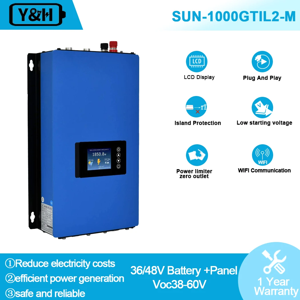 Y&H 1000W MPPT Solar Grid Tie Inverter with Limiter Sensor DC Input 25V-60V/45-90V AC Output 110V-240V Solar Power Grid Tie