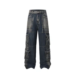 CHICATWILL Winter High Street Motor tasche Jeans Cargo uomo American Harajuku pantaloni pantaloni in Denim dritto lavato retrò per uomo