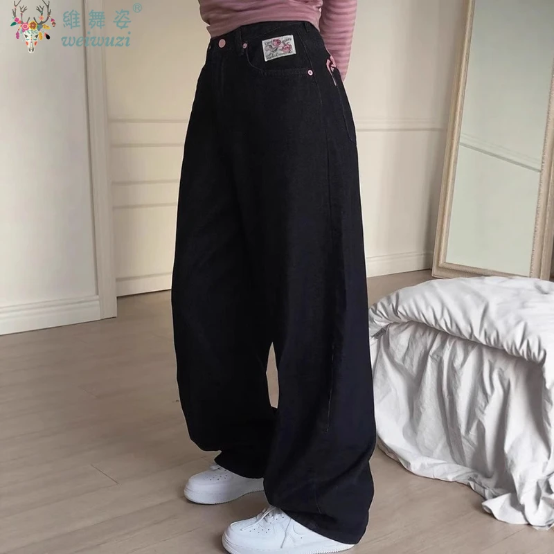 

Y2k женские джинсы с вышивкой букв, повседневные джинсовые брюки, осенние новые милые крутые мешковатые брюки с высокой талией для девочек, шикарная уличная одежда