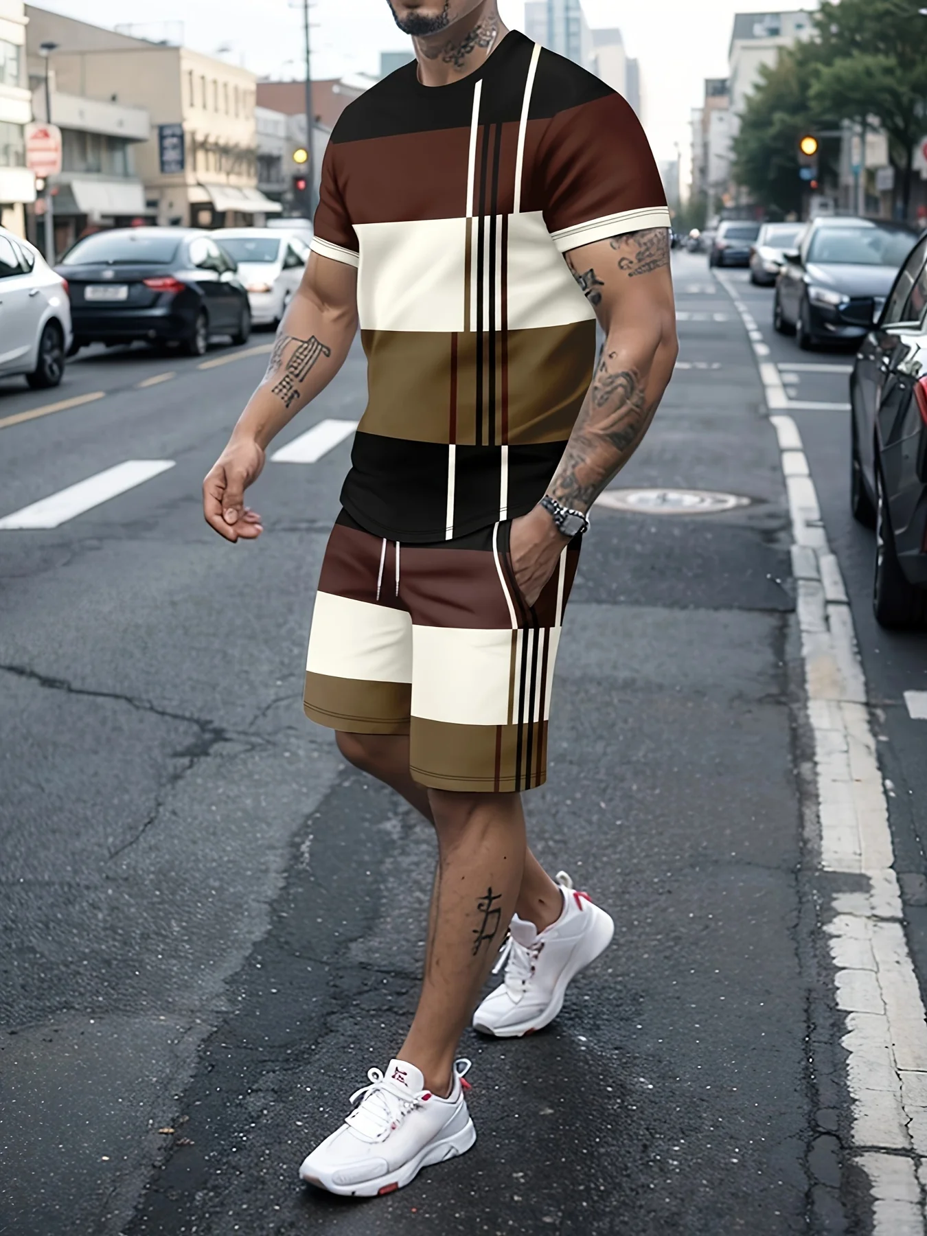 

Men's Colored Heart Print 2-piece Clothing, Short Sleeve T-Shirt and Shorts Set, Suitable for Summer