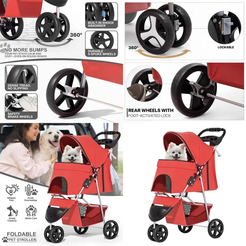 

Трехколесная коляска для домашних животных для маленьких и средних собак, с защитой от непогоды, корзиной для хранения и держателем для стакана, красная