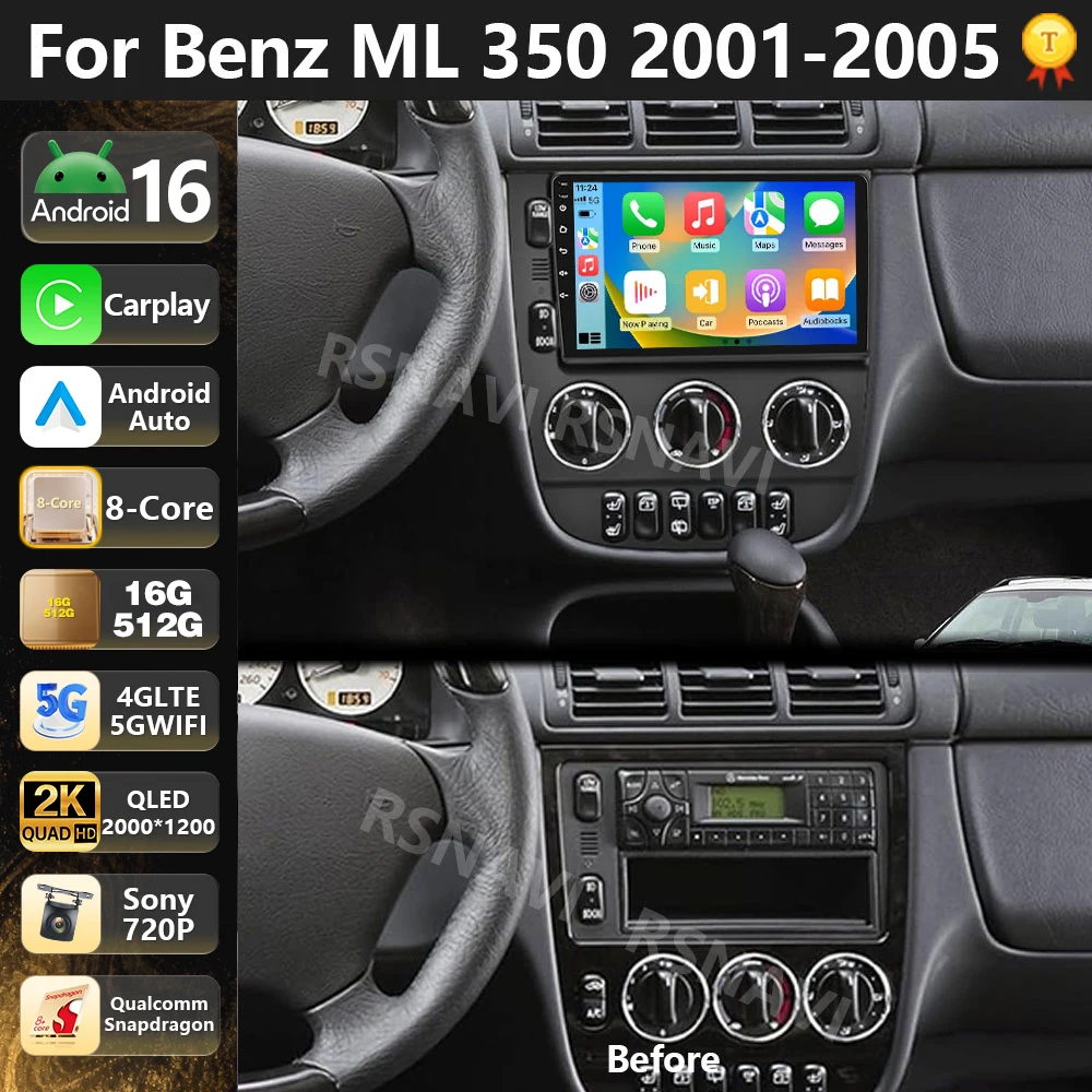 

Qualcomm Android 16 For Benz M-Class W163 ML320 2003 - 2005 2K QLED Car Radio Multimedia Video Player GPS Stereo Carplay Auto 4G