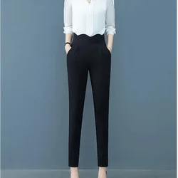 Trousers Solid Color Women's Clothing Elastic Pockets High Waisted Spring Autumn Trouser Suits Korean Fashion Cropped Pants
