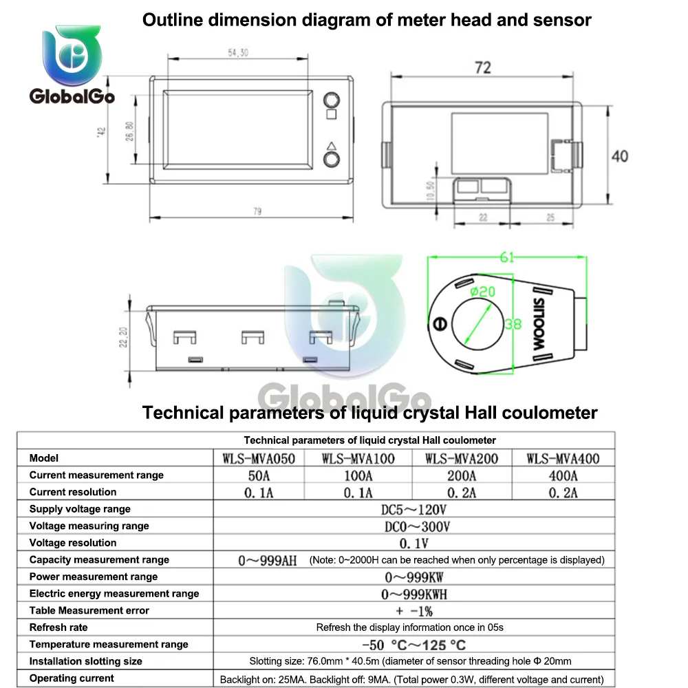 DC0-300V 50A 100A 200A 400A STN LCD Hall Coulomb Meter Voltmeter Ammeter Voltage Current Battery Capacity Monitor Bluetooth APP