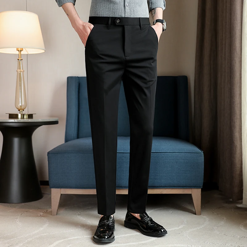 Summer Large Size Men's  Big Size Ice Silk High Stretch Breathable Straight Leg Pants  Quick Dry Elastic Band Black Trousers