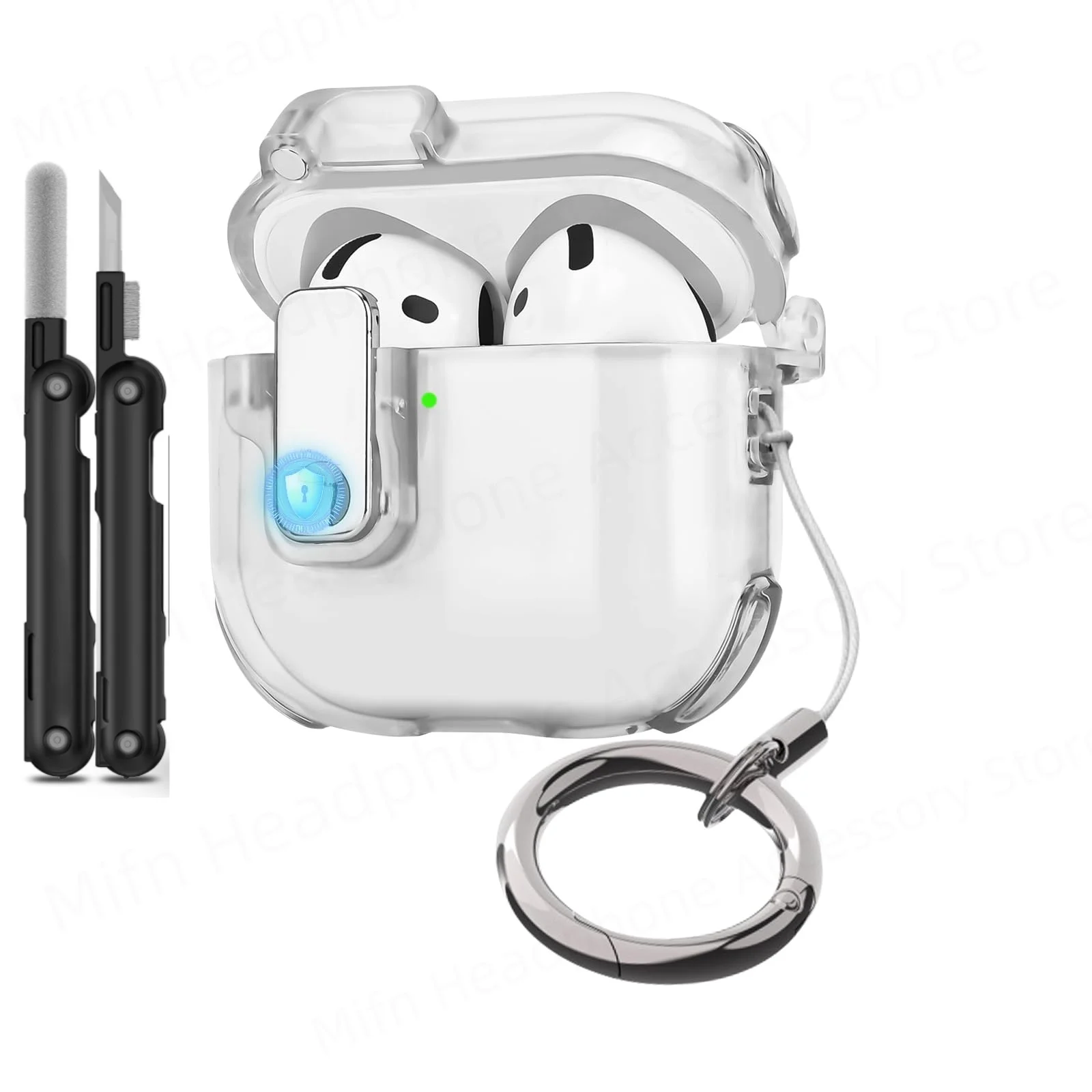 Custodia per AirPods 4 2024 Design con blocco sicuro Coperchio ribaltabile automatico TPU Paraurti traslucido Custodia antiurto per AirPod4 Pro con moschettone