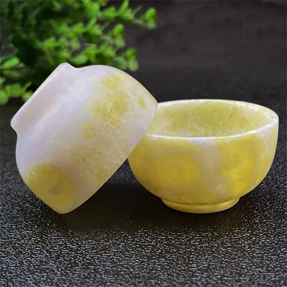 Natural Stone Crystal Bowl Tableware Wine Set Yellow Jade Minerals Spiritual Reiki Living Ornaments Home Decoration