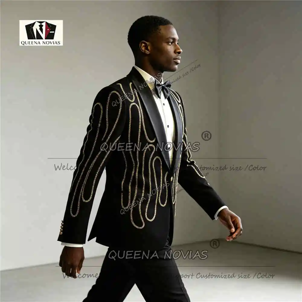 Luxury Groom Suit For Wedding 2-Piece Set Shawl Lapel Prom Blazer Pants Customized Gold Rhinestone Design Man Banquet Tuxedo