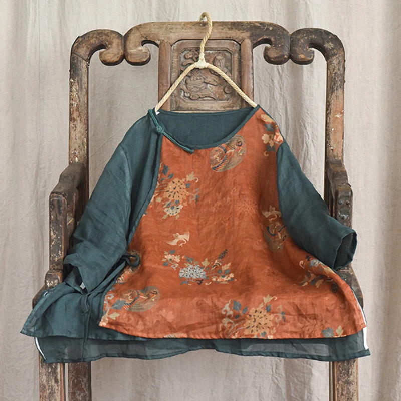 Donne di stile cinese Casual T-shirt di lino Nuovo arrivo 2025 Estate Vintage O-Collo Patchwork Stampa Allentato Femminile Magliette e camicette Tees M1364