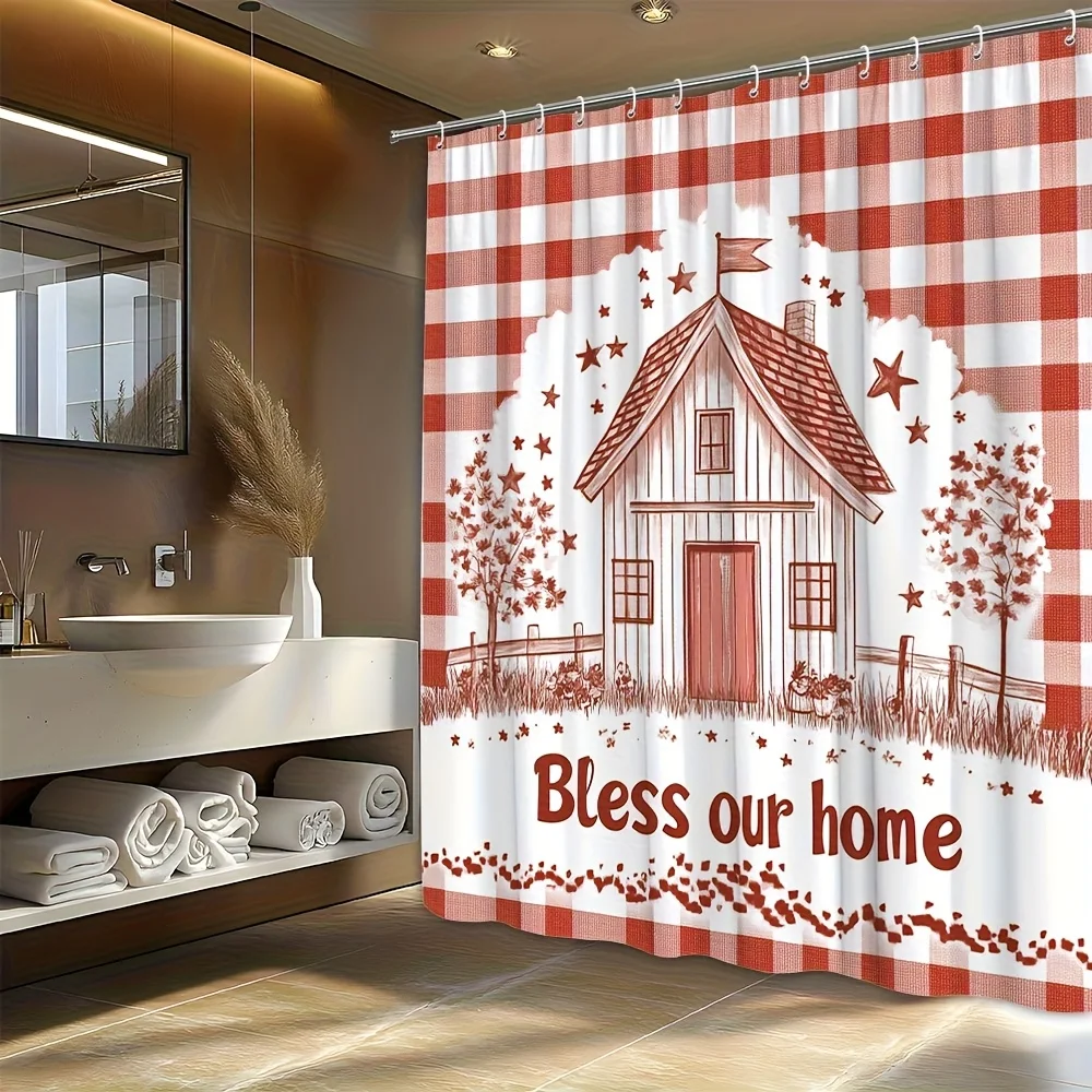 

1pc Country House Shower Curtain, Dark Farm Scene with Red Door and Trees, Vintage American Style Bathroom Decor, 70x70 Inches