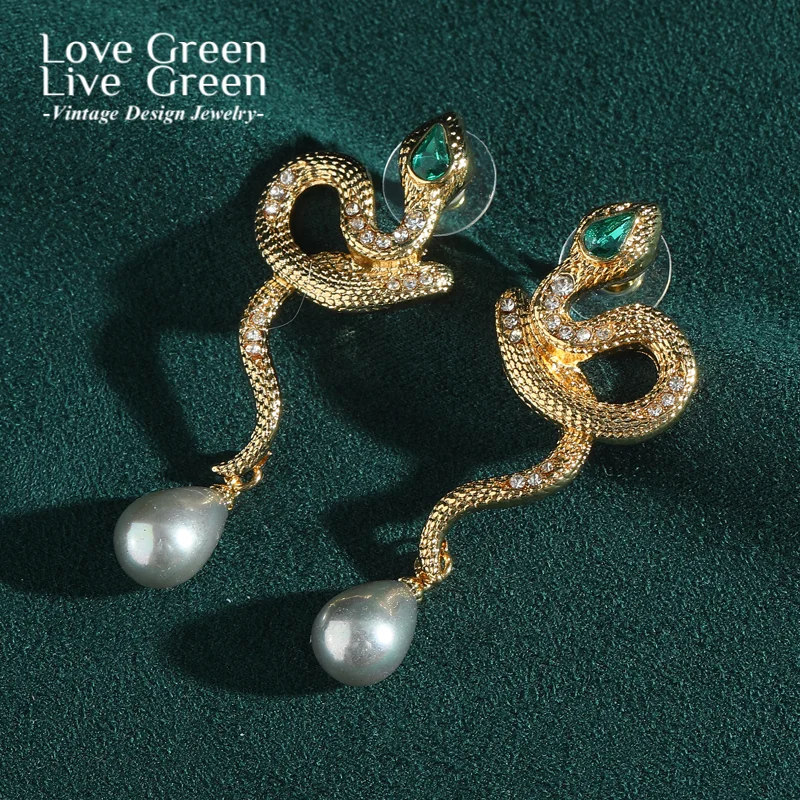 

Vintage Jewellery Snake Pearl Earrings Freshwater Rhinestones High Quality Dangle Drop Aesthetic Accessories For Woman Summer