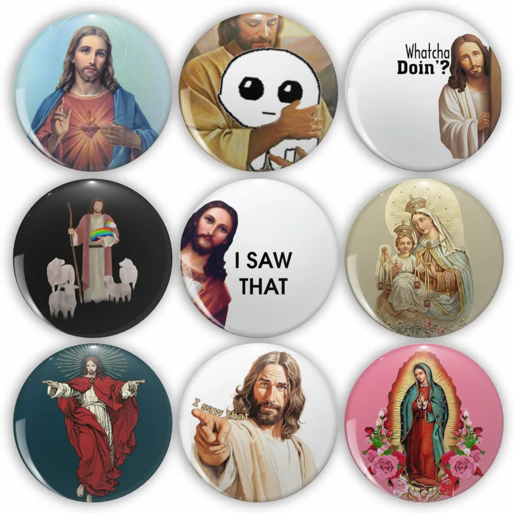 I SAW THAT Jesus Tinplate Pins God Hug Autism Tbh Cartoon Button Brooches Christian Lapel Badges Clothes Backpack Decorate Gifts