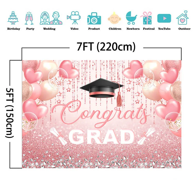Congrats Grad Backdrop Rose Gold Congratulation Graduation Party Class Of 2024 Pink Balloon Background Prom Event Photobooth