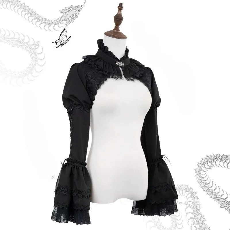เสื้อคลุมสไตล์โกธิคญี่ปุ่น Y2K โลลิต้า เสื้อคาร์ดิแกนผู้หญิง แขนพองหลวมๆ แต่งลูกไม้สีดำ เสื้อครอปฮาราจูกุ พังก์ เสื้อคลุม