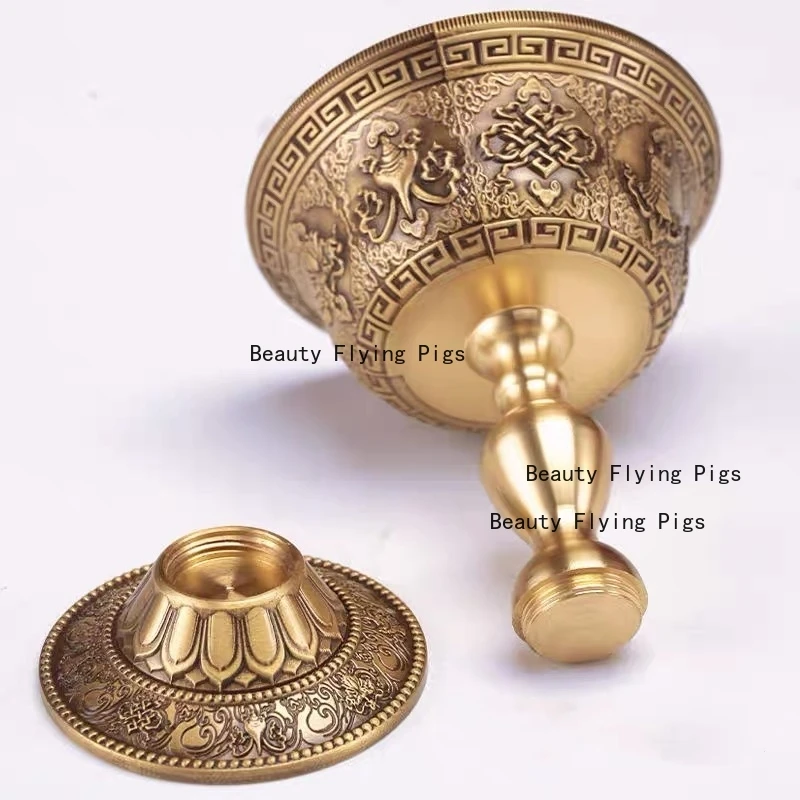 Brass Tibetan-style Candlestick Carved with Auspicious Buddhist Dharma Instruments Tantric Lampstand, Feng Shui Ornament