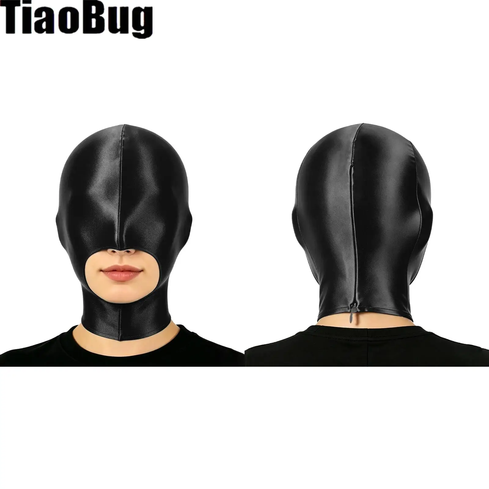 

Hood Glossy Headgear Open Mouth Balaclava Mask Full-head Full-neck Cover Back Zipper Blindfold Mask for Halloween Nightclub