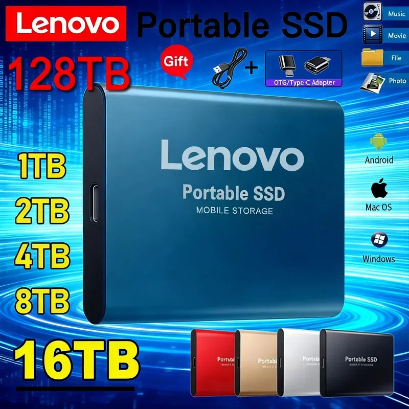 

Внешний твердотельный накопитель Lenovo 1 ТБ, высокоскоростной жесткий диск 2 ТБ, портативный SSD USB 3.1 256 ТБ, 128 ТБ для ПК/ноутбука/Mac/телефона