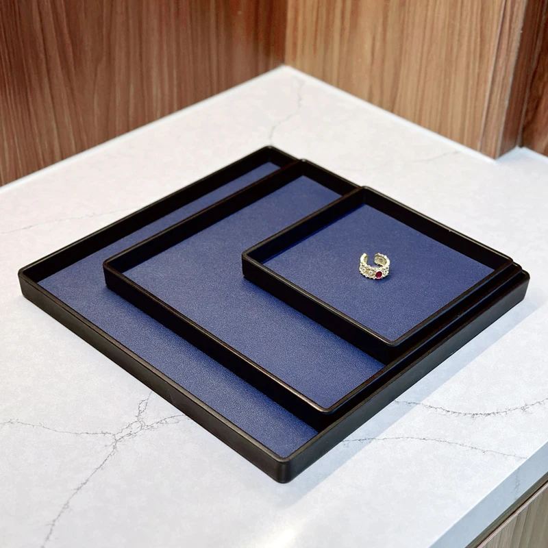 Black Square Tray for Home Use Deep Blue Handmade Leather with Pink Accents Light Luxury Jewelry, Fragrance and Storage Tray