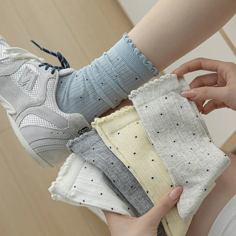 Lolita Frilly Socks Women Japanese Kawaii Cute Polka Dot Medium Tube Socks Spring and Summer Thin Breathable Cotton Long Socks