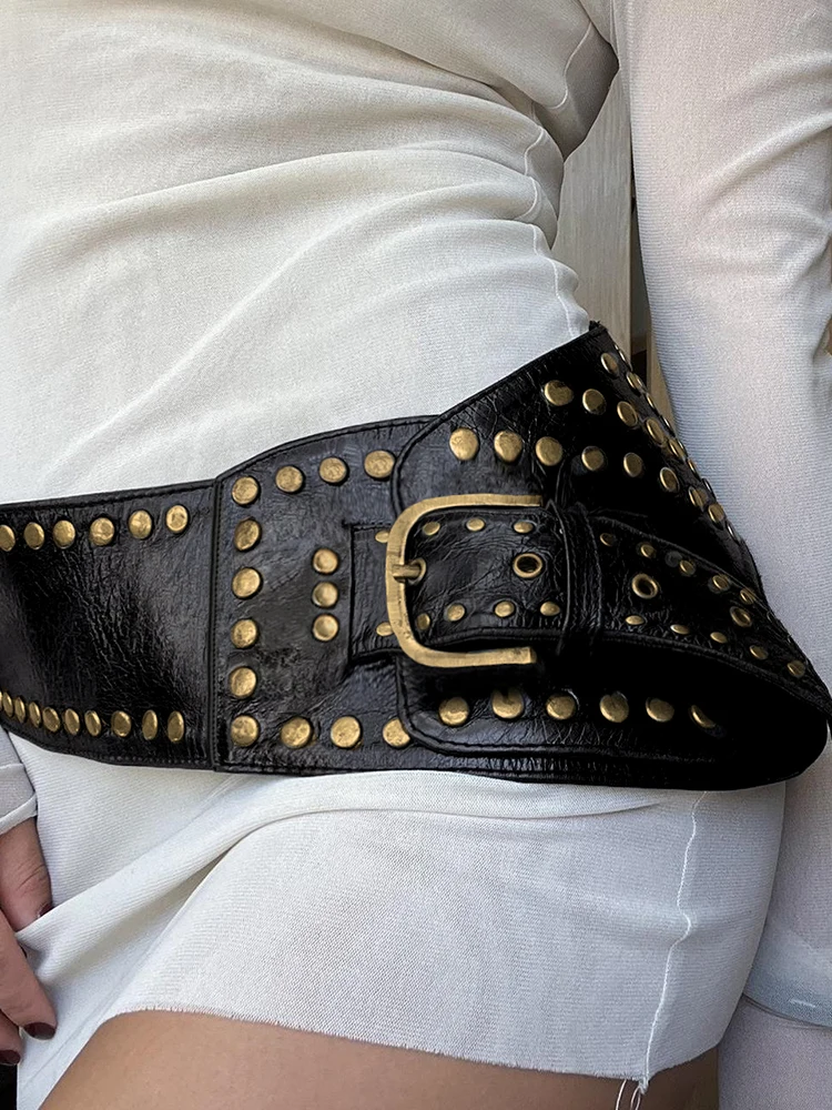 Ceinture en cuir cousue à rivets asymétriques rétro punk pour femmes, style trou chic, streetwear gothique, ceinture à œillets pour jeans