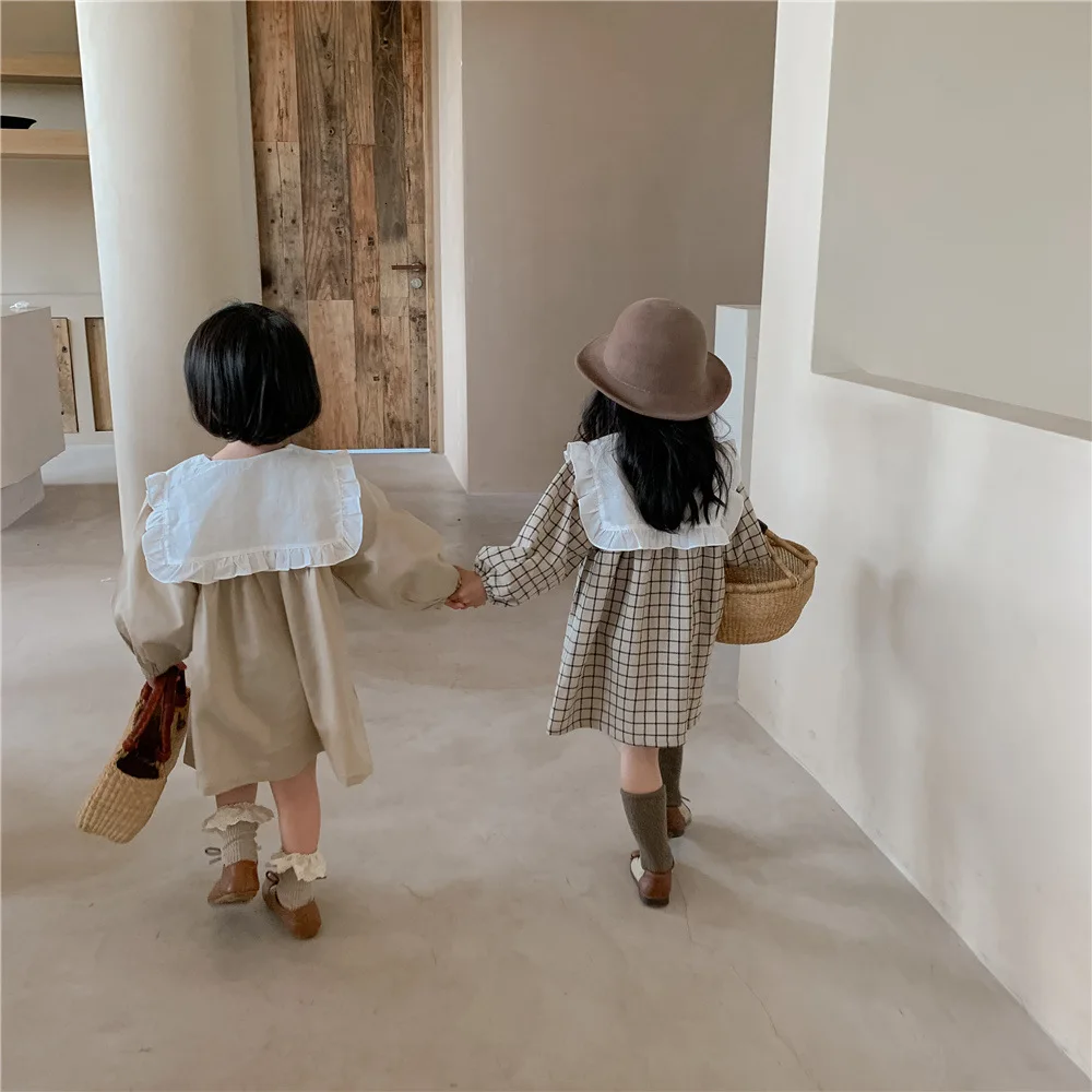 Spring toddler children Girls\' Clothing Korean Retro Dress costume For kids Girls\' Clothes 1 2 3 4 5 6 T Birthday Plaid Dress