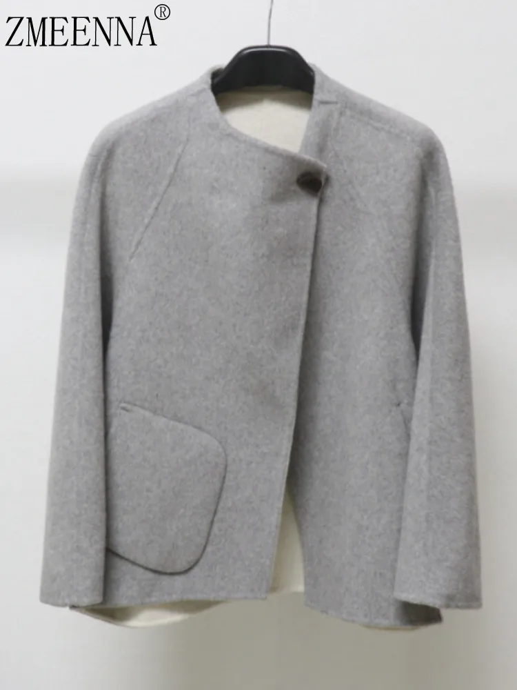 

ZMEENNA Women's Wool Blend Jacket With Asymmetric Closure And Pockets Short Oversized Winter Coat Stand Collar ZM3888