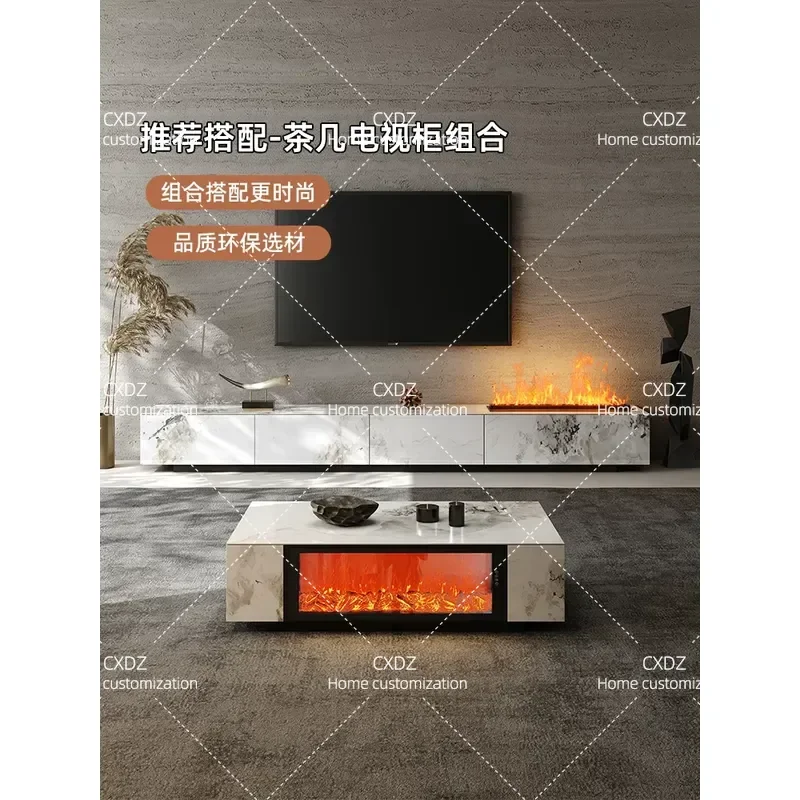 3D Electronic Fireplace Coffee Table Imitation Flame Integrated Floor Slate Light Luxury Living Room Decor for Small