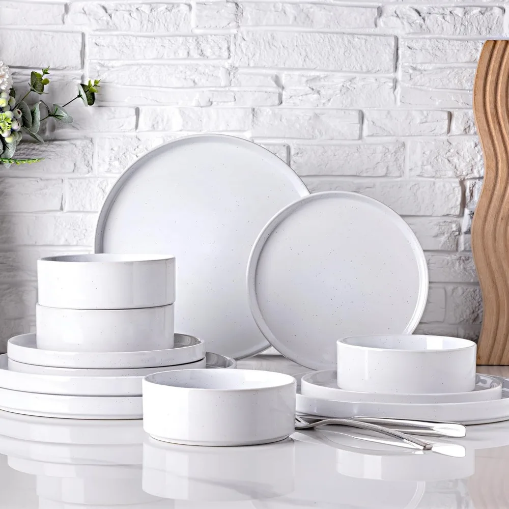 

dinnerware set for 4, 12 piece speckled plates and bowls set with glazed bottom, chip & scratch resistant stoneware plates sets