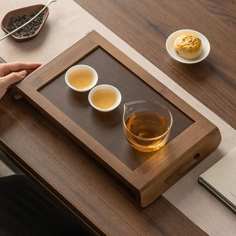 New Arrival Tea Tray Walnut Tone Bamboo Wood Dual Gongfu Tea Tray Household TeaCup Storage Plate For Daily TeaCeremony Use