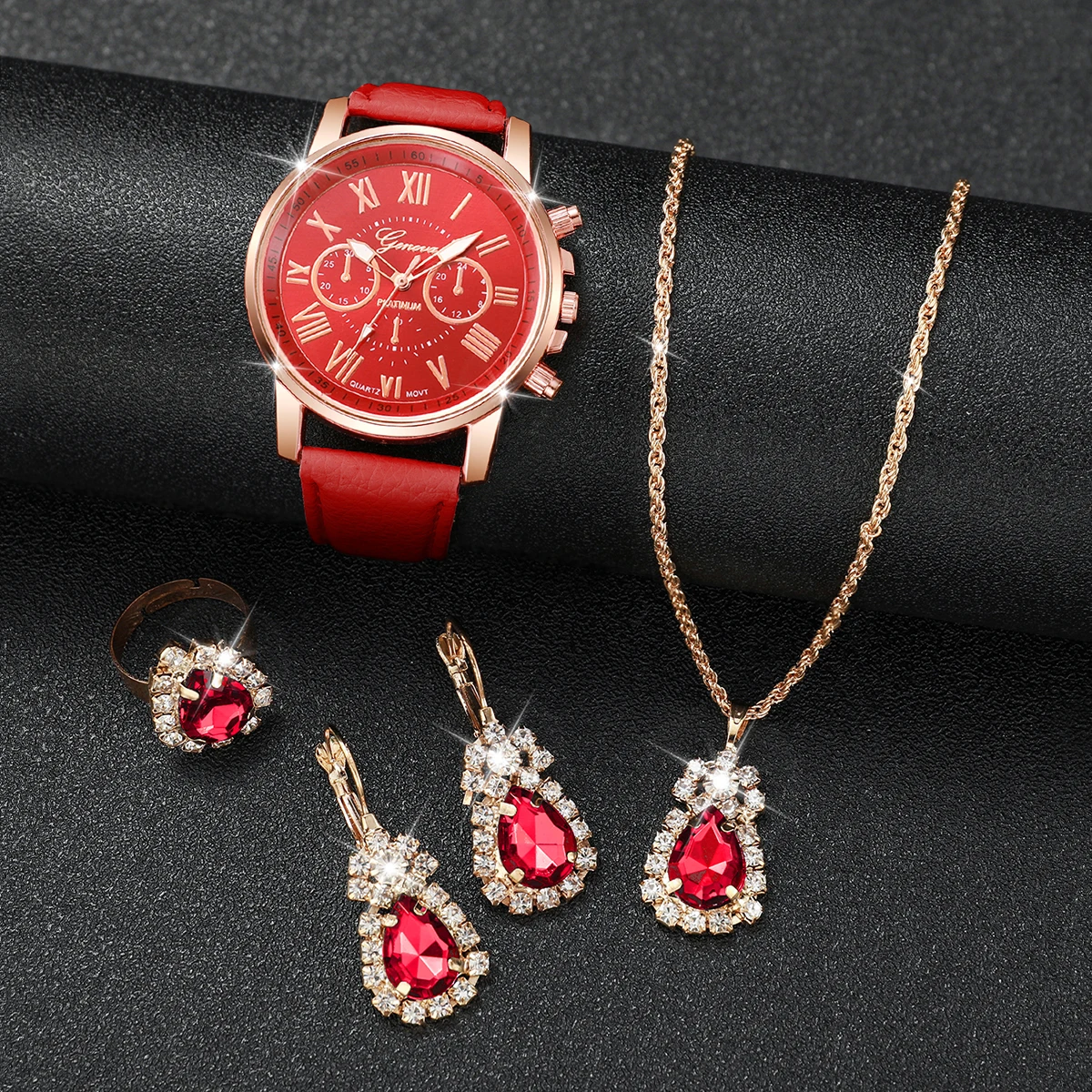 5pcs/set Women Watches Fashion Roma Dial Leather Band Quartz Watch Reloj Mujer Girls Clock Rhinestone Jewelry Set（Without Box）