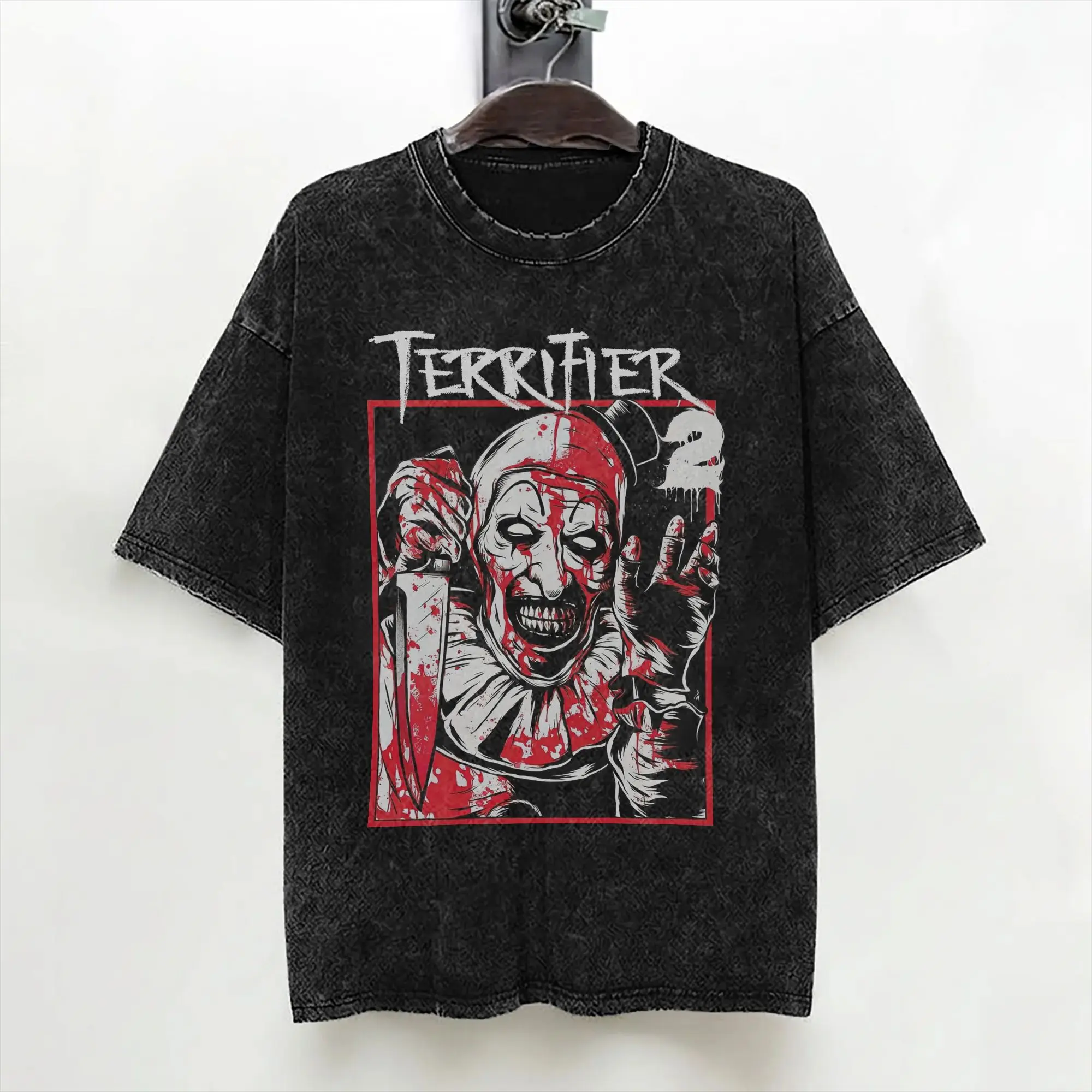 Terrifier 2 Movie Art The Clown T Shirts Washed Short Sleeve Street T-Shirt Halloween for Men Women Streetwear Printed Tees