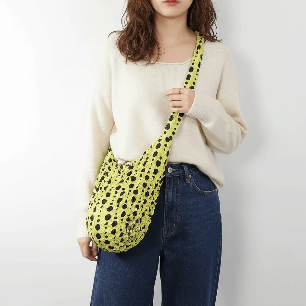 Large Capacity Bubble Crossbody Bag Soft Polyester Woven Material Polka Dot Shopping Bag Black Polka Dot Reusable Design