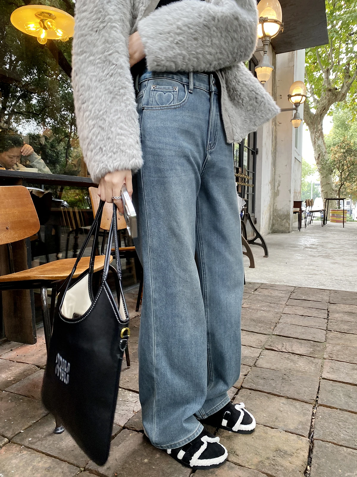 

Джинсы FEELROOM в стиле ретро, зауженные, с высокой талией, с узором в виде сердец, широкие штанины, прямые, удлиненные, для женщин