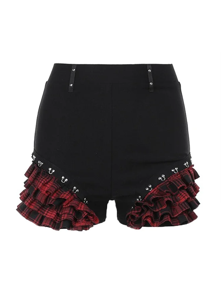 2025 Patchwork Summer Gothic Ruffle Mini Shorts Y2k Harajuku Black Red Plaid Print Aesthetic Punk Rock Kpop Short Pants 90s