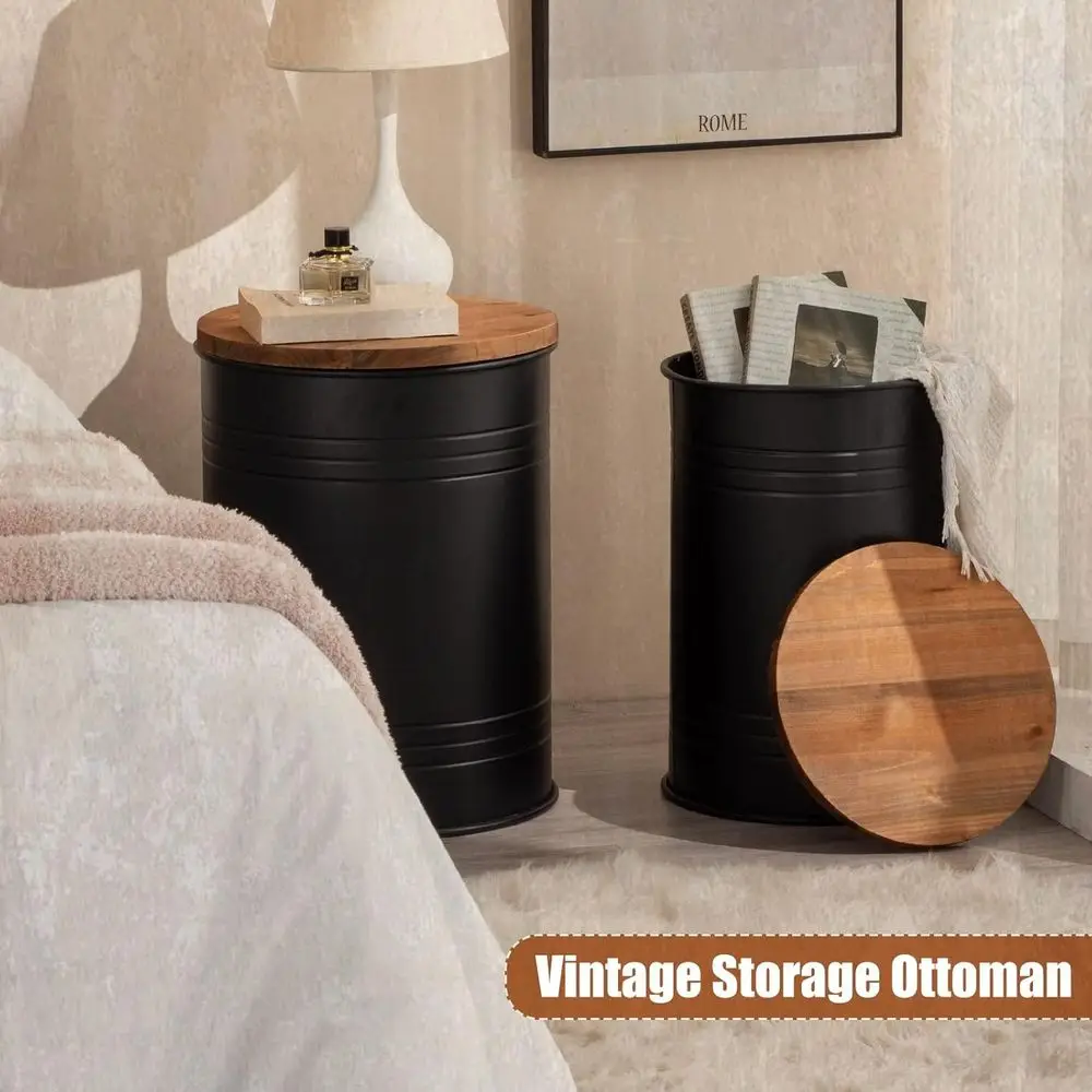 Pair of Galvanized Metal and Wood-Top Farmhouse Side Tables, Storage Coffee Table Stool for Living Spaces in Black