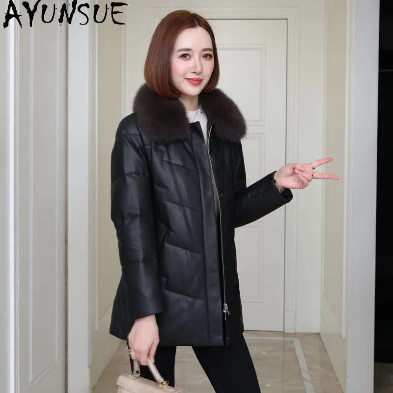AYUNSUE peau de mouton véritable veste en cuir femmes vêtements d'hiver col de fourrure de renard 2025 chaud blanc duvet d'oie manteau femmes vêtements