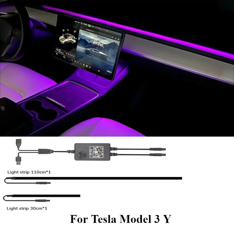 Для Tesla Model 3/Y: 64-цветная динамическая неоновая RGB-подсветка салона, модуль автоматического отключения через 60 секунд, декоративная лампа для приборной панели Для Tesla Model 3/Y: 64-цветная динамическая неоновая RGB-подсветка салона, модуль автоматического отключения через 60 секунд, декоративная лампа для приборной панели