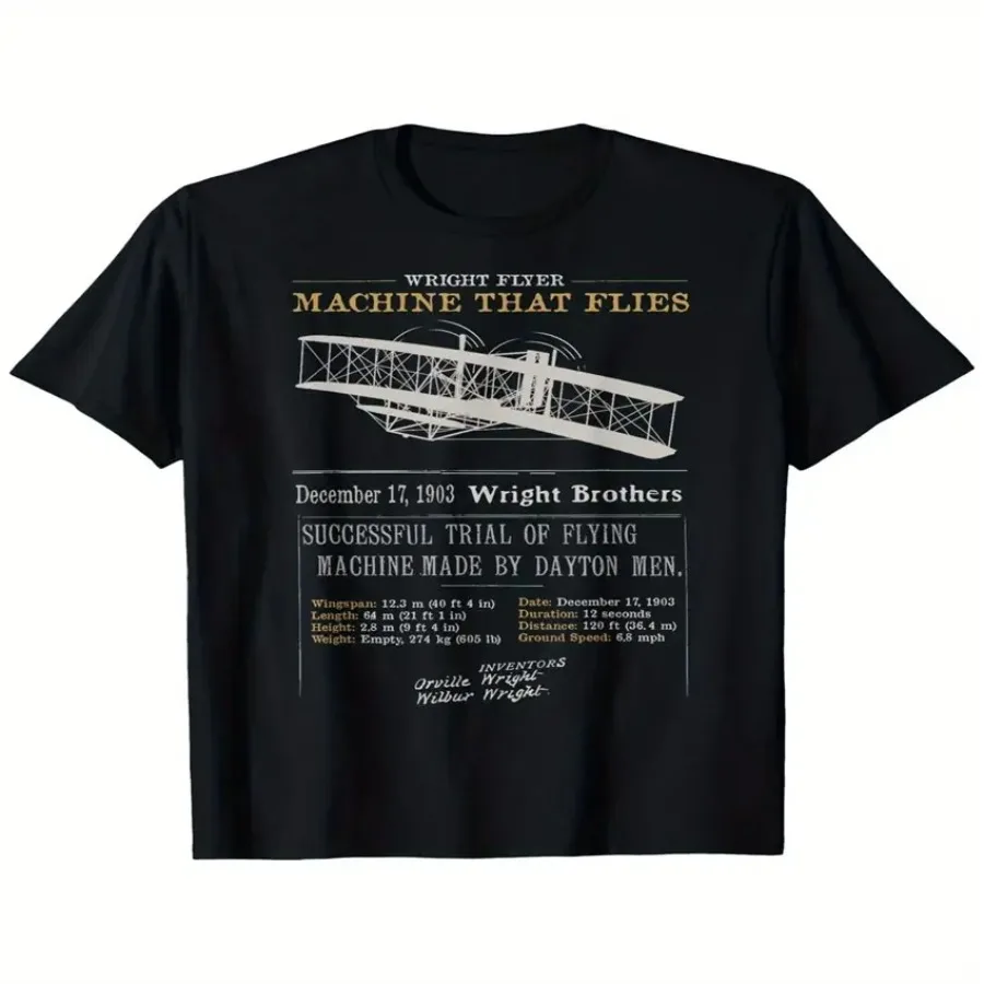 Wright Brothers 1903 First Plane T-Shirt - Vintage Aviation History Tee with Wright Flyer Design and 1903 Milestone, 100% Cotto