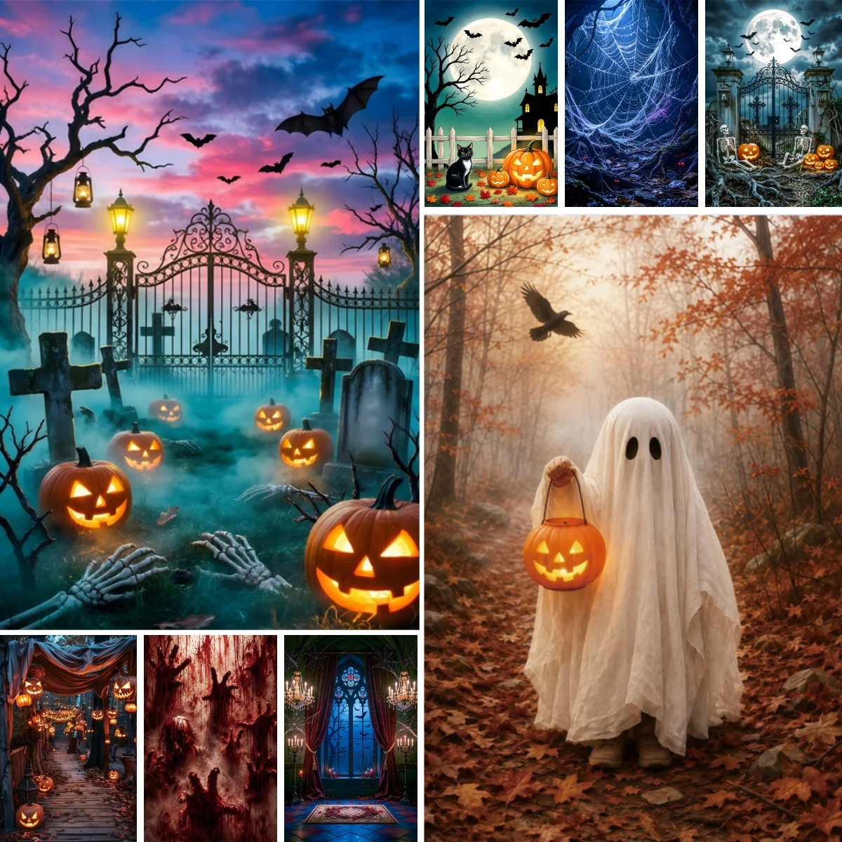 Halloween Photography Background Horror ‌Moon Night Pumpkin Light Banner Bloody Ghost Claw Ghost Costume Decor Backdrop Poster