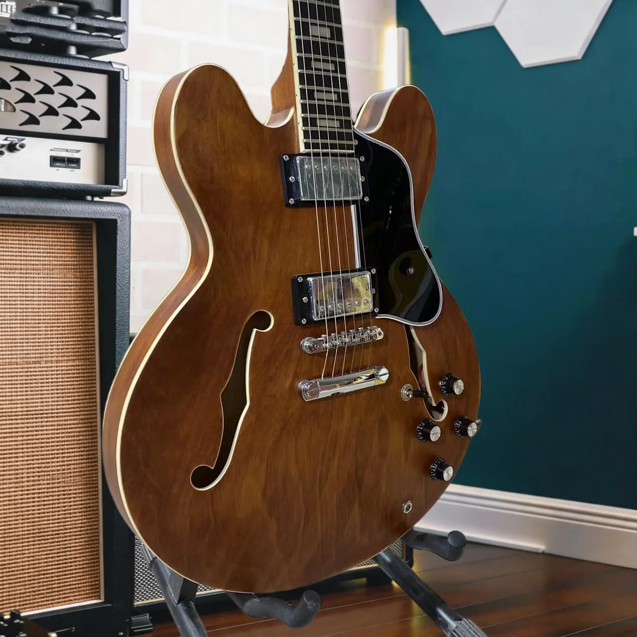 Natural Walnut Gold Oil Semi-Hollow Structure ES-335 Electric Guitar Dual Humbucker Professional Jazz & Blues Recording Guitar