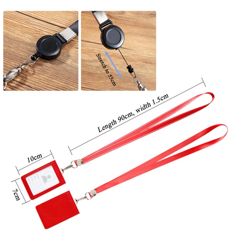PU Leather Work Card Case Name Badges Retractable Lanyards ID Holder Cover Protector Case Business Card Holder Neck Strap