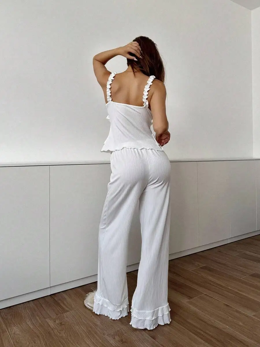 

Elegant Bohemian Style White Ruffle Trim Pajama Set With Spaghetti Strap And Wide Leg Pants