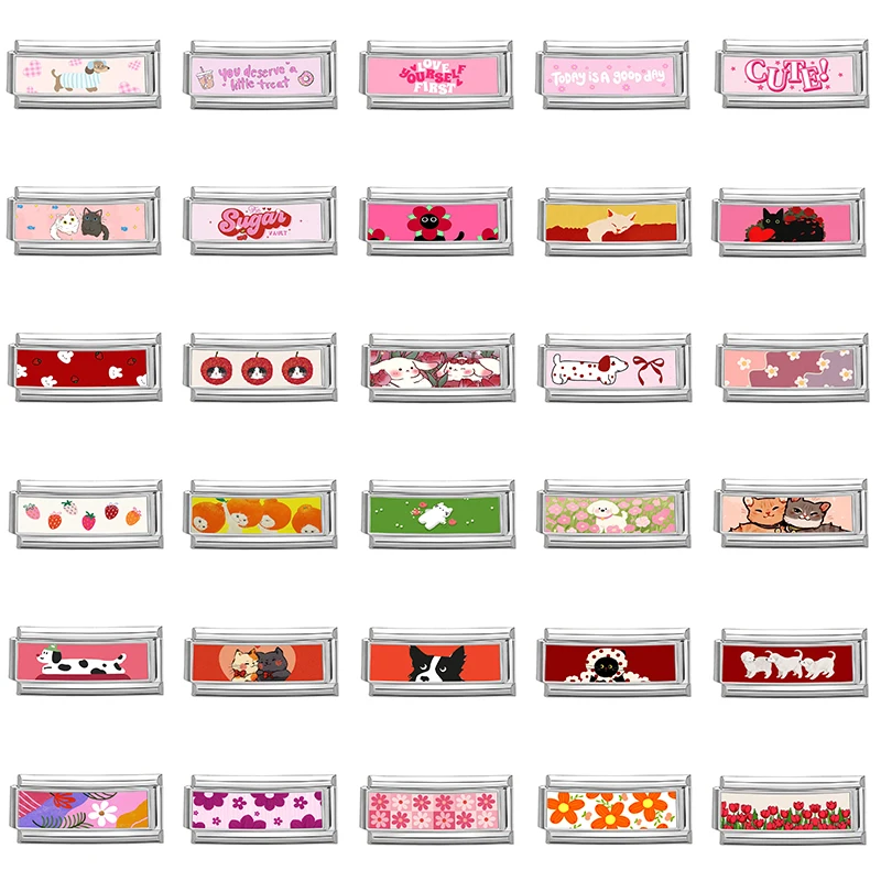 Novos Berloques e Contas Italianas Longas com Motivos de Gatos, Cães e Flores, Compatíveis com Pulseiras Modulares DIY de Aço Inoxidável de 9mm, Joias e Presentes Femininos