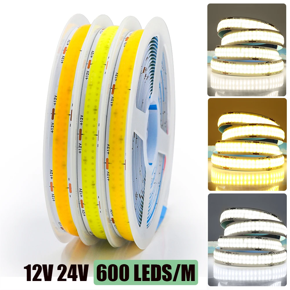 

600Leds/M DC 12V 24V COB Strip RA85 Warm/Natural White 3000K 4000K Home Decor High Brighter Flexible Ribbon Rope LED Light