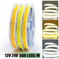 600Leds/M DC 12V 24V COB Strip RA85 Warm/Natural White 3000K 4000K Home Decor High Brighter Flexible Ribbon Rope LED Light