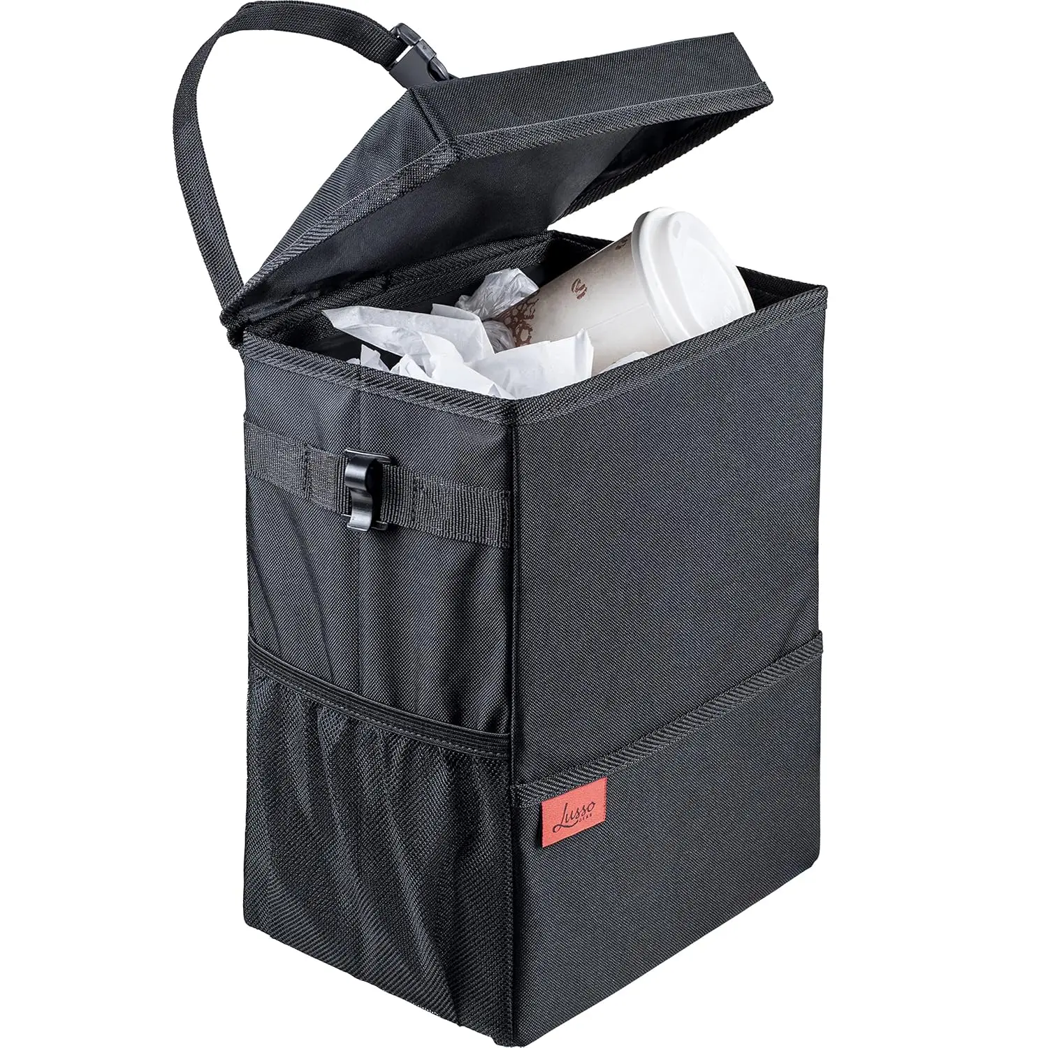 

Мусорное ведро для автомобиля объемом 3,5 галлона с крышкой с ручным подъемом, водонепроницаемым материалом Оксфорд, защитой от проливания и карманами для хранения