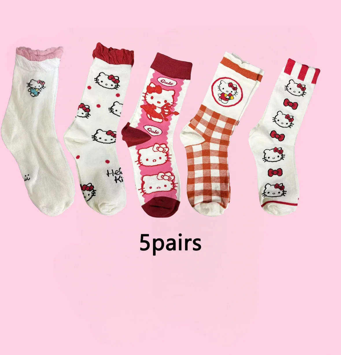 مجموعة مكونة من 1/5 زوج من الجوارب ذات طابع هالو كيتي، طراز جميل وبناتي، منقوشة ريترو + نقطة بولكا + نمط لطيف، جوارب منتصف الساق، يجب أن يكون