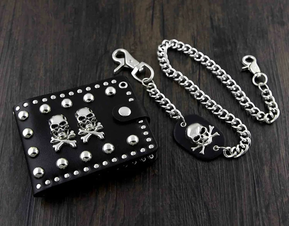 2 Skulls Mens Rivet Punk Roker Bifold Biker Leather Wallet w/ Jeans chain