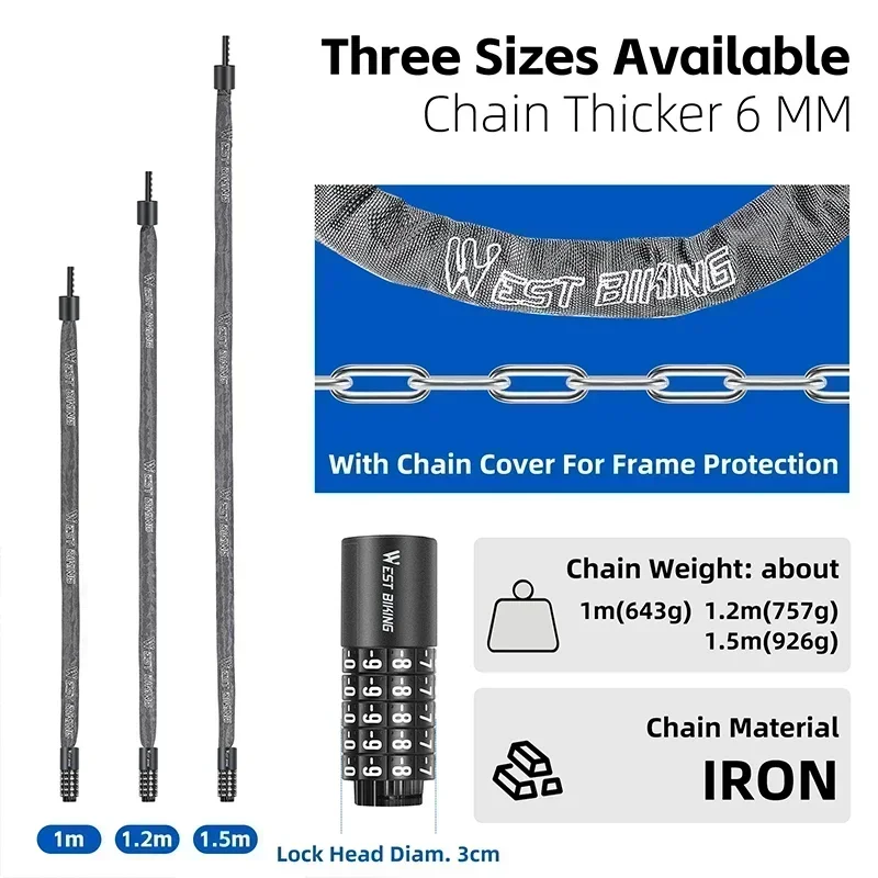 100-150cm Bicycle Chain Code Lock Safety 5 Digit Combination Anti-Theft Bicycle Motorcycle Lock E-bike Accessories