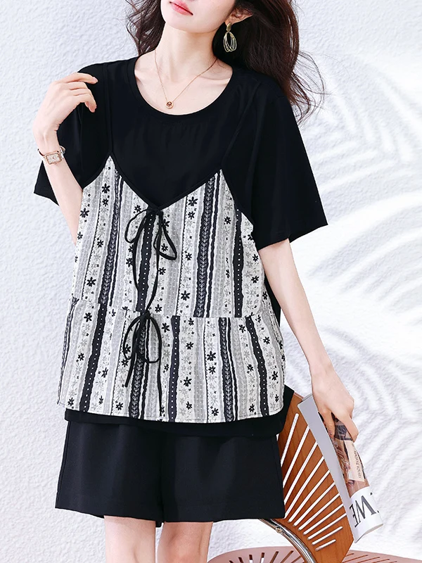 

Футболка с цветочным принтом, с воротником-халтером и коротким рукавом, больших размеров, женская, летняя, повседневная, с круглым вырезом, с дизайнерскими вставками, для ношения под одеждой